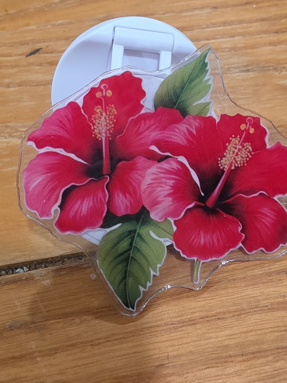 Red Hibiscus Acrylic Clip with Green Leaves